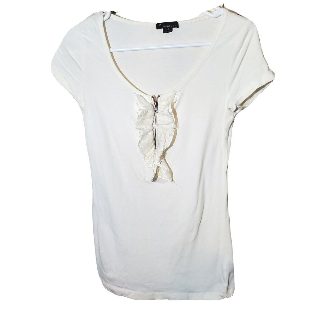 Forever 21 Womens Small White Ruffle Front Zip Blouse Short Sleeve Top
